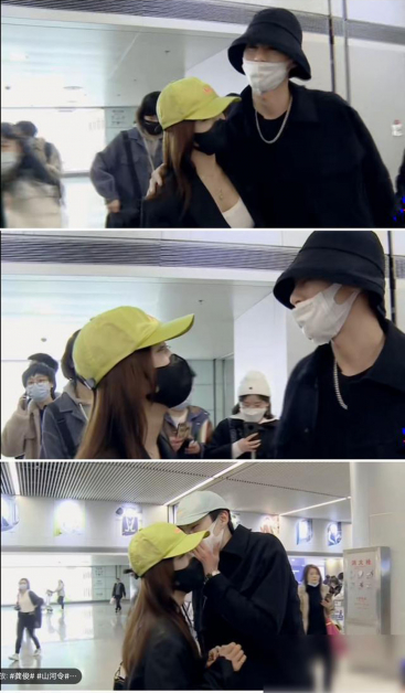 秦岚和王鹤棣在机场不时打情骂俏，很亲密。