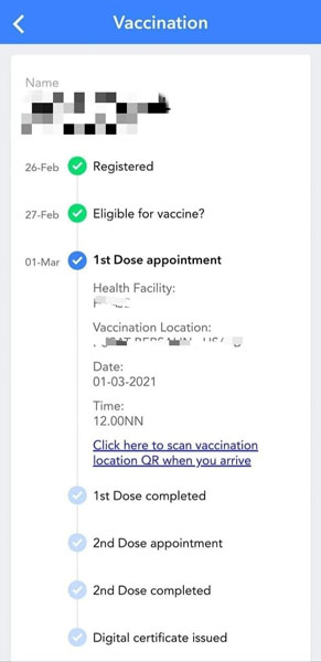 一名专科医生收到手机应用程式MySejahtera通知3月1日可前往接种疫苗。