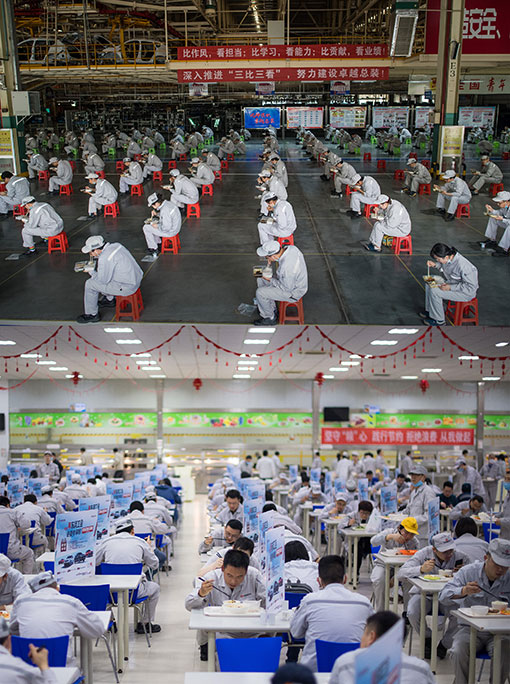 今昔对比，上图为去年3月24日，武汉市东风乘用车公司工厂总装车间，工人保持2公尺距离吃午饭；下图为今年3月30日，工人在公司食堂吃午饭。（新华社）