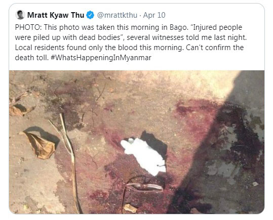 缅甸记者姆拉乔杜上周六发推文张贴一张图，指图中原本有一堆遗体，但过了一晚后，遗体全不见了。