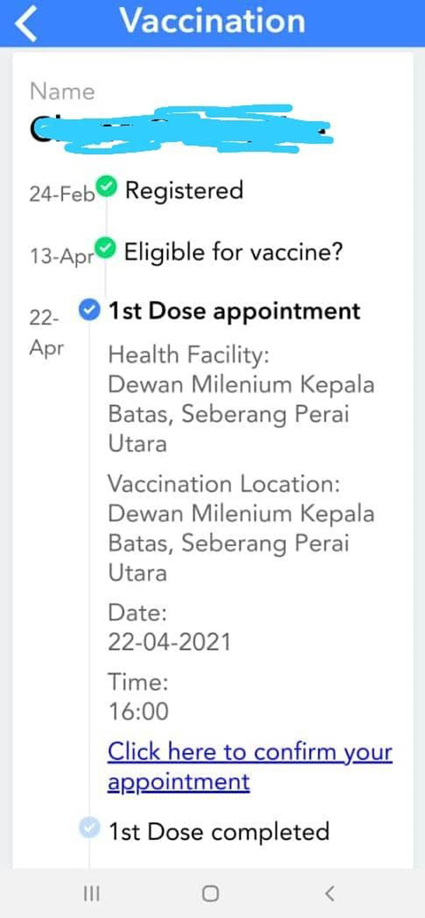 来自马六甲的一名妇女，接获通知到槟城接种疫苗。