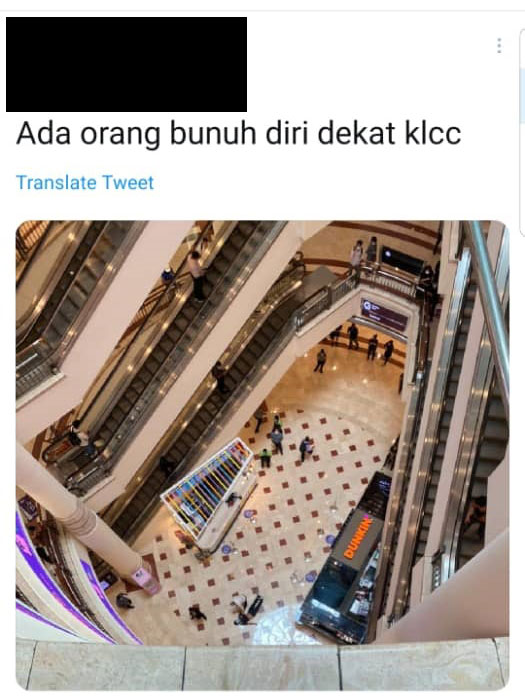 KLCC 4楼翻围栏跳下 男子当场惨死