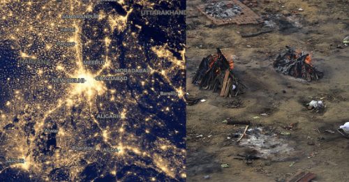 卫星地图上看 烧尸火光照亮 恒河流域夜晚