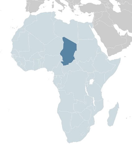 乍得在非洲的位置图。
