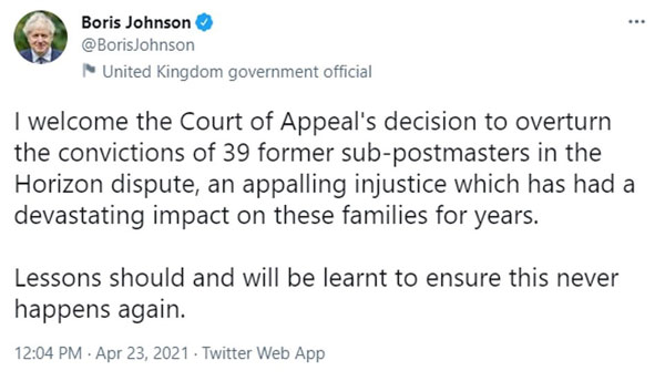 英国首相约翰逊发推文欢迎裁决。