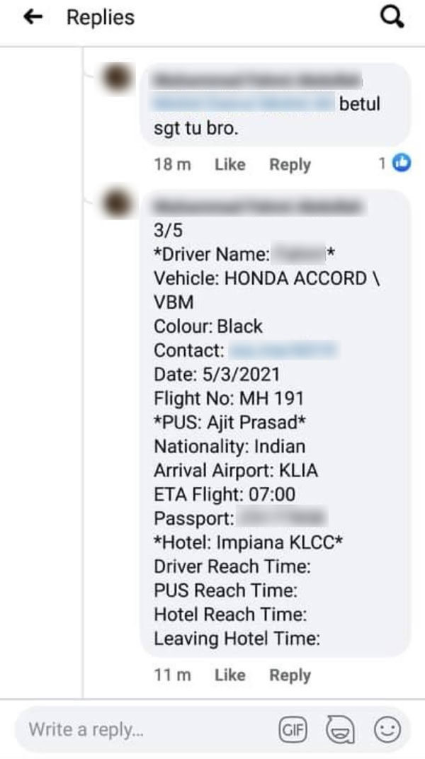 截图显示，莫哈末法米在网上留言说，本周有把来自印度的乘客载送到隔离酒店，并分享他的乘客资料。