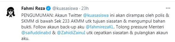 法米在其推特帐号为@Kuasasiswa上传有关贴文，指该帐号将被警方扣查。
