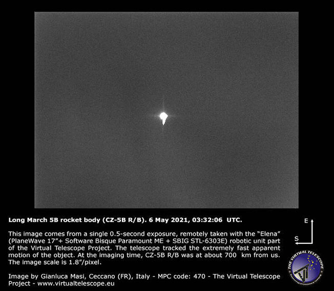 非营利组织Virtual Telescope的天文学家马西则在义大利捕捉到了第1张长征五号残骸照片。