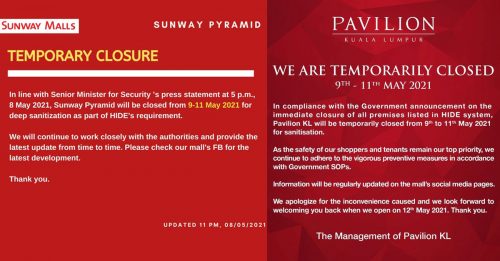 Sunway Pyramid和Pavilion 即日起关闭3天消毒