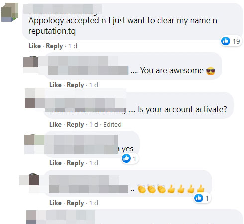 被误会的Grab司机在女子道歉贴文下留言，指接受道歉。