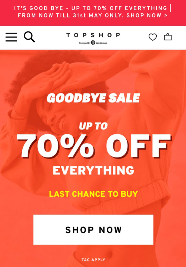Topshop在大马官网进行标题为"Goodbye Sale"的清仓促销，折扣更高达70%。