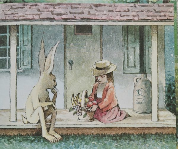 在兔子先生耐心陪伴下，小女孩的篮子里装载的是她用心物色，将要送给妈妈的最美好生日礼物。