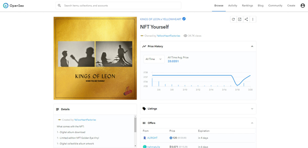▲《滚石》杂志（Rolling Stone）形容，Kings of Leon是首队以NFT形式发行音乐作品的乐团，现在NFT交易平台OpenSea，可以买到Kings of Leon新碟《When You See Yourself》的NFT。