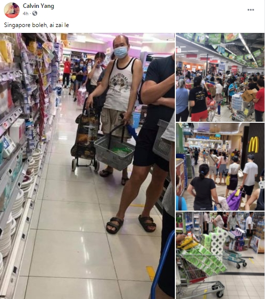 新加坡将收紧防疫措施，不少民众在新措施生效前赶往超市抢购必需品。
