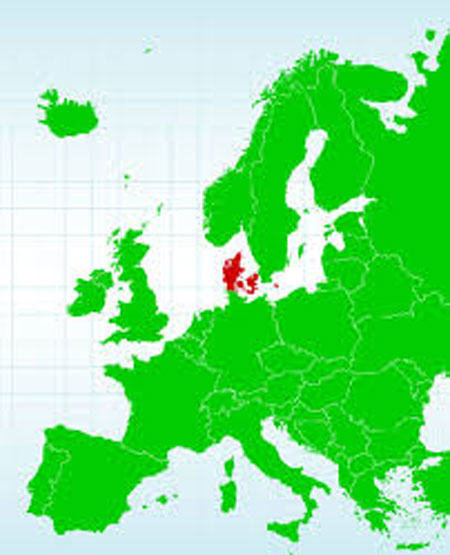 评论指出，如果窃听事件被坐实，丹麦是最大输家。图为丹麦在欧洲的位置（红色处）。