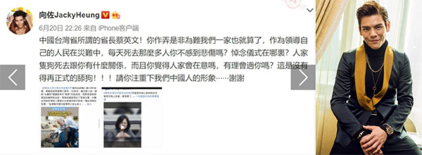 向佐在微博重炮抨击台湾总统蔡英文。