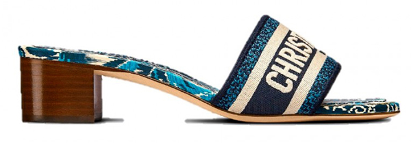 Dior Dway宽带凉鞋常跟着系列变化推出新款，如今年夏季的Dior Palm系列也见其踪迹，蓝色棕榈树刺绣低跟拖鞋。
