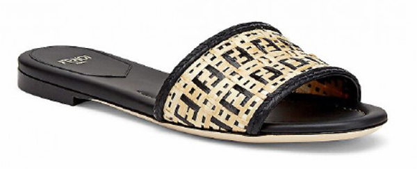 Fendi米色酒椰棕榈叶纤维编织FF Logo宽带凉鞋。