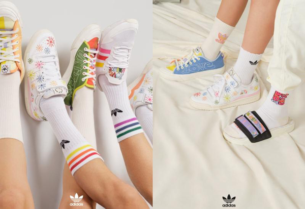 adidas Originals将经典的三叶草Logo、三条杠的图案结合了缤纷色彩所打造的“LOVE UNITE”系列，远看就像一幅清新亮眼的粉彩画。包括经典Superstar在内的多款“小白鞋”，在这系列中不仅加入丰富色块拼接、小花图案点缀，就连短袜上的“三条杠”都在左右脚分别染上3种不同颜色，组成六色彩虹的缤纷设计，满满细节超吸睛。