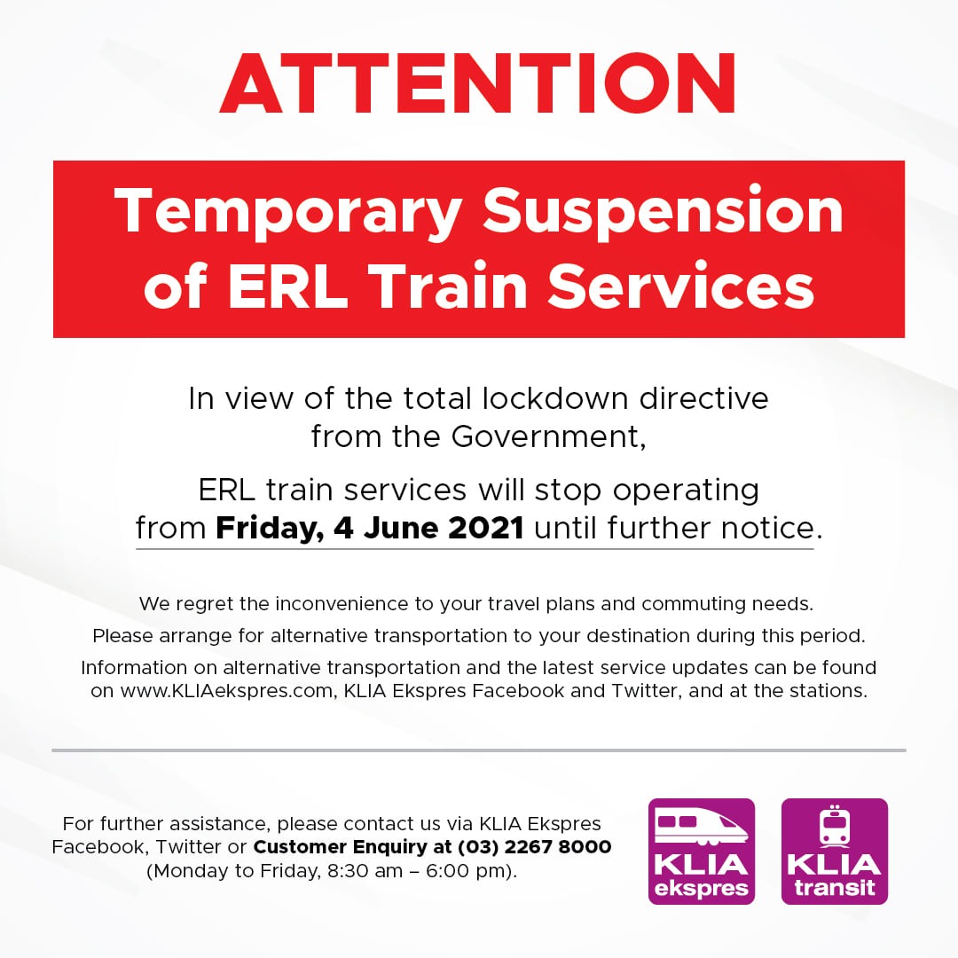 大马机场直透快铁公司（ERL）宣布，所有机场直透快铁的运作从6月4日起暂停。
