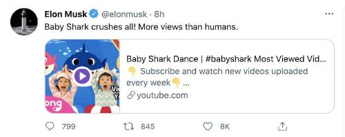 《Baby Shark》目前的观看次数已接近87亿次。