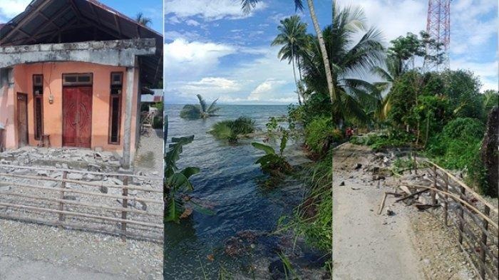 马鲁古中部区可见海水淹没沙滩，建筑受损。