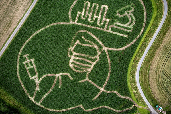 德国吕嫩市附近一个玉米田，出现了以新冠肺炎为主题的巨大画像。（欧新社）