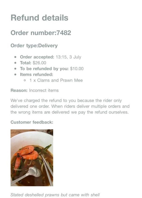 顾客通过送餐平台要求退款，理由是虾没剥壳。（取自面子书）