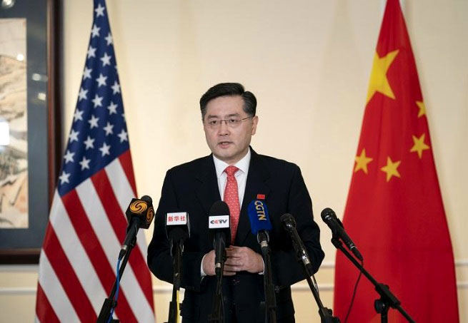 中国新任驻美大使秦刚，周三晚抵达华盛顿后向中美媒体发表讲话。