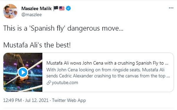 马智礼揶揄阿汉峇峇，并在推文指“Spanish Fly”摔角动作危险。（取自马智礼推特）