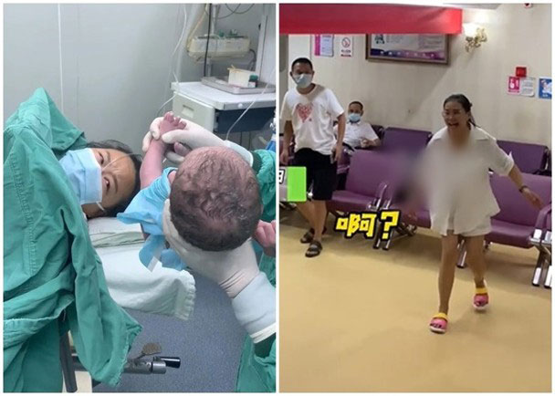 左图：杨冬红看着新生儿子；右图：家属得知婴儿是男孩后惊呼。