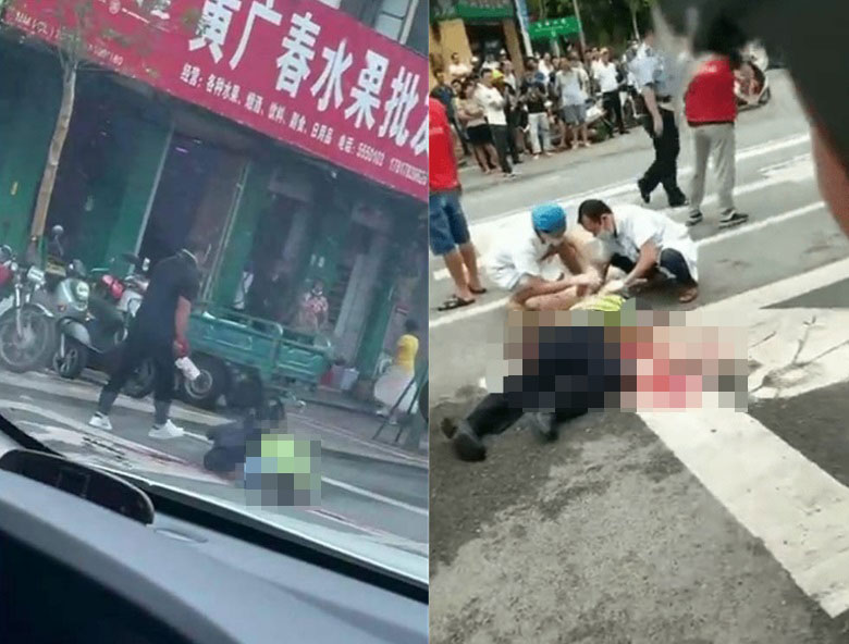 广东交警被黑衣男子斩向头部后，当场倒地。