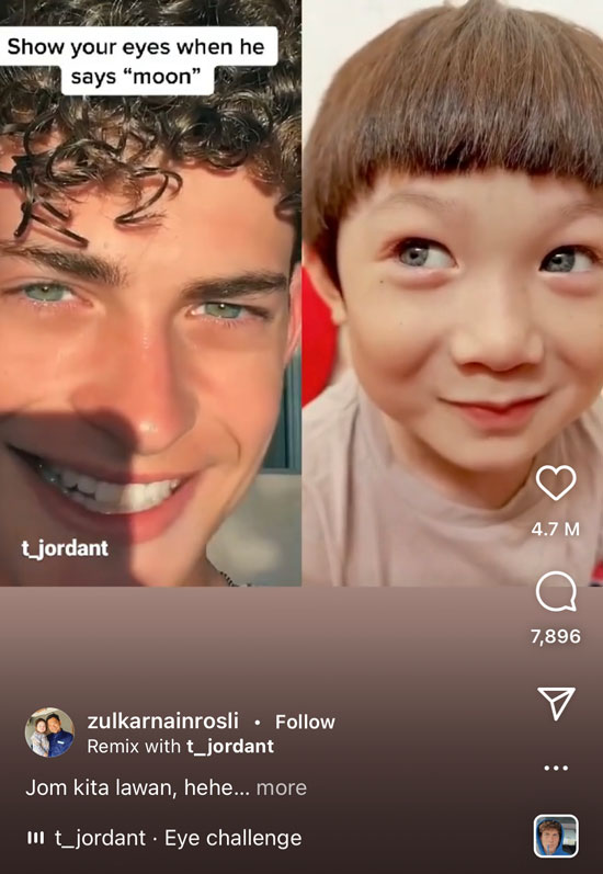 祖卡纳英将儿子媲美老外眼睛色彩的短视频上传到社媒Instagram，至今累计6490万观看量。