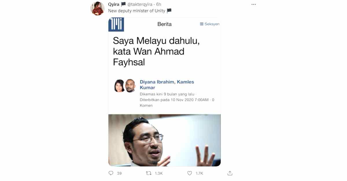 一名网民在推特张贴一张新闻截图，嘲讽曾发表“以马来人优先”言论的旺阿末法依沙，如今受委团结部副部长。
