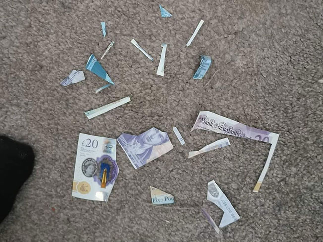 地上留下现钞的碎片。