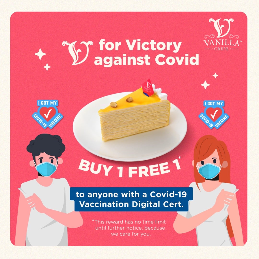 Vanilla Crepe甜品店推出优惠促销，已接种疫苗人士可享有买一送一优惠。（取自Vanilla Crepe面子书）
