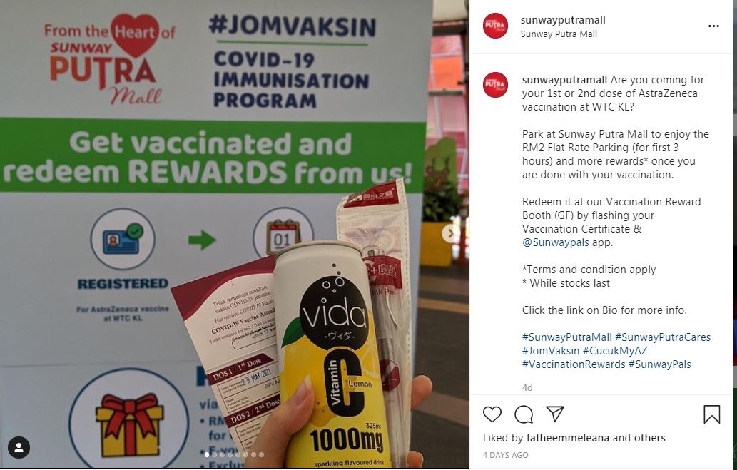 双威太子商场则为在吉隆坡世贸中心疫苗接种中心的接种者提供泊车费优惠，前者享有首3小时2令吉泊车费优惠，且可可兑换特定餐饮店现金券。(取自双威太子商场Instagram)
