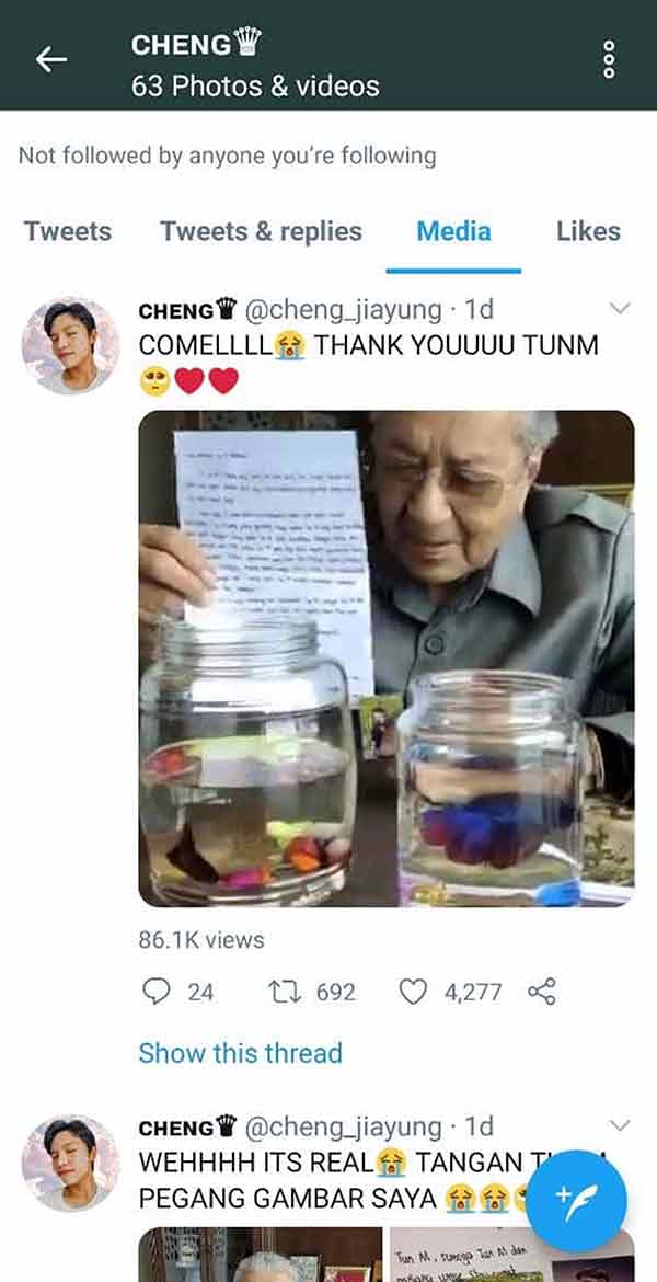 郑家勇在推特分享马哈迪的鼓励视频。