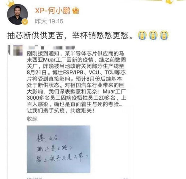 中国小鹏汽车总执行长何小鹏在微博中提及大马麻坡工厂的疫情。