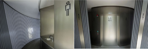 安藤还很好地平衡了建筑的形体和功能性，公厕的每个座位包括男士厕所内都配备了婴儿椅等设施，信息地图上也配备了盲文标示。