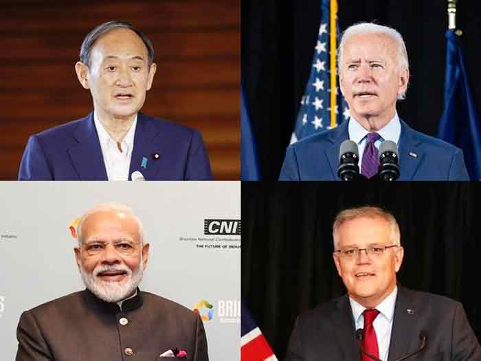 美国总统拜登（右上）将于24日，在华府主持四方安全对话会谈，与日本首相菅义伟（左上）、印度总理莫迪（左下）和澳洲总理莫里森（右下）开会。