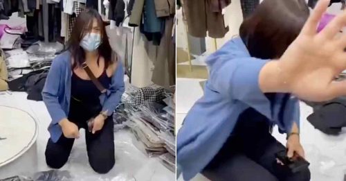 服裝店偷手機被抓 女下跪求饒 以死威脅