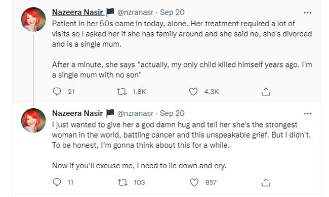 娜芝拉在推特分享一个失去儿子的单亲妈妈抗癌的经历。