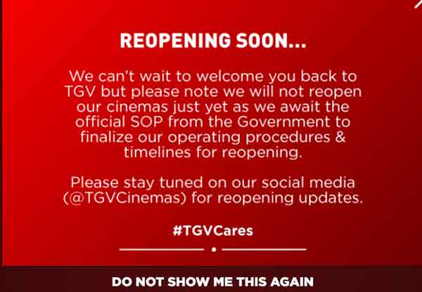 TGV在网页吁请观众，耐心等待公布重新营业好消息。