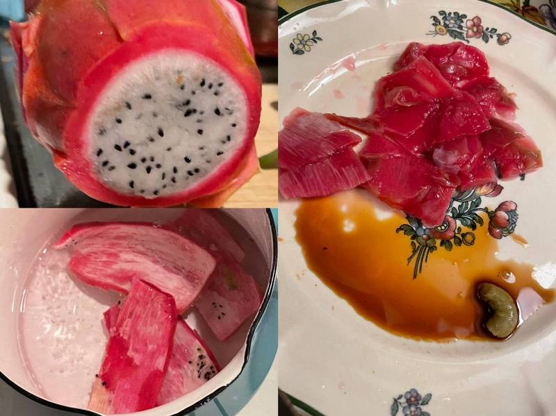日本网友热议火龙果皮水煮、沾酱后激似“鲔鱼生鱼片”，引发众人仿效试做创意料理。