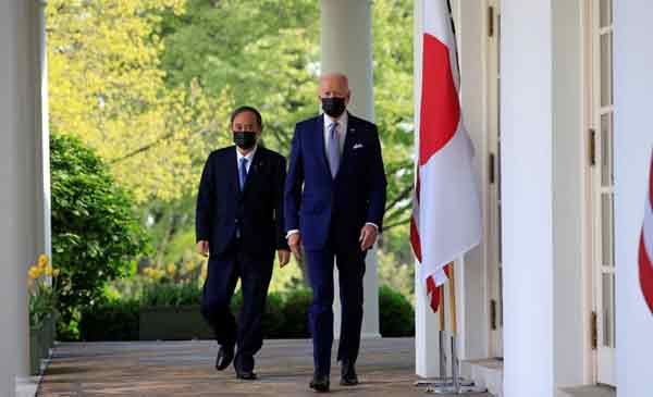 日相菅义伟（左）今年4月与美国总统拜登在白宫会晤。
