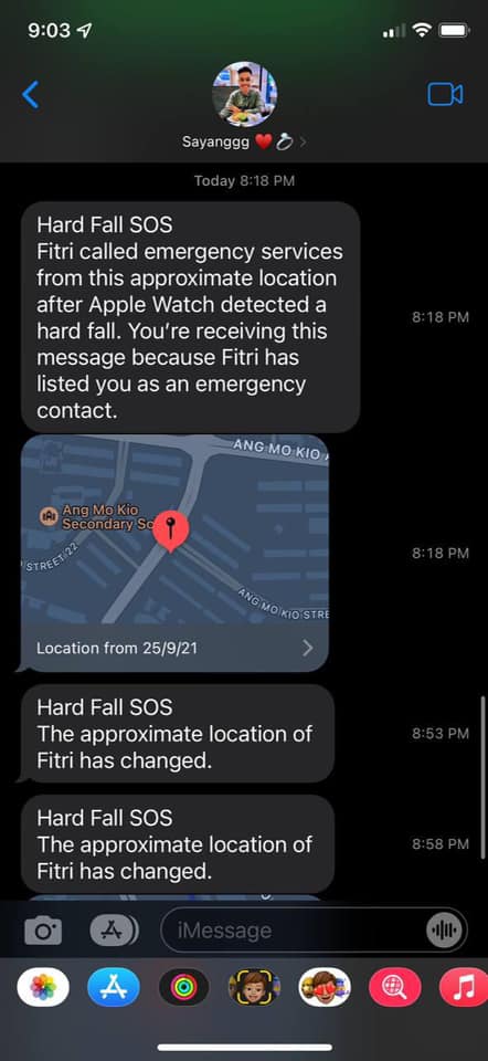 检测到菲特里重摔落地，苹果手表传召救护车的同时，也自动发简讯通知他的女友。（受访者提供）