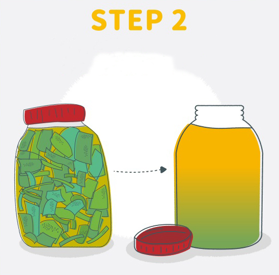 STEP 2： 将小块状的柚子皮放进玻璃瓶，再倒入95%酒精，记得要淹过柚子皮，接着浸泡一周。（也可以使用75%酒精，后续就不必再加水稀释）