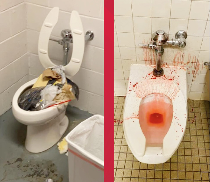 厕所马桶被塞满垃圾、喷上红漆。