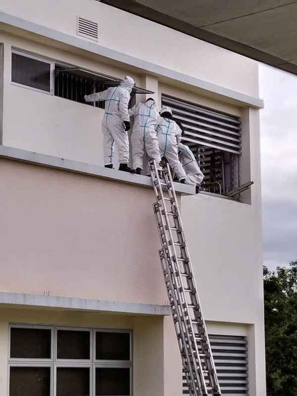 消拯员站在建筑外沿和长梯上，救人过程惊险。（图：消拯局）